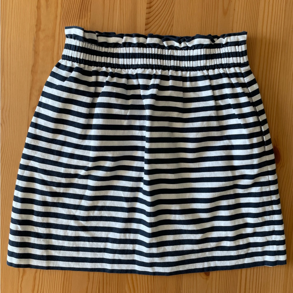 J.Crew Navy White Striped Ruffle Miniskirt Size 6 Pockets Work Office Church